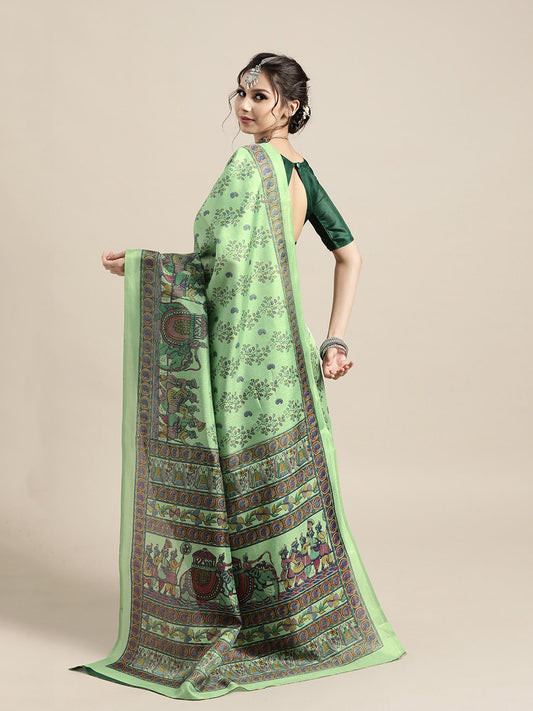 Mint Green Tussar Silk Saree with Madhubani Butis - Ressa