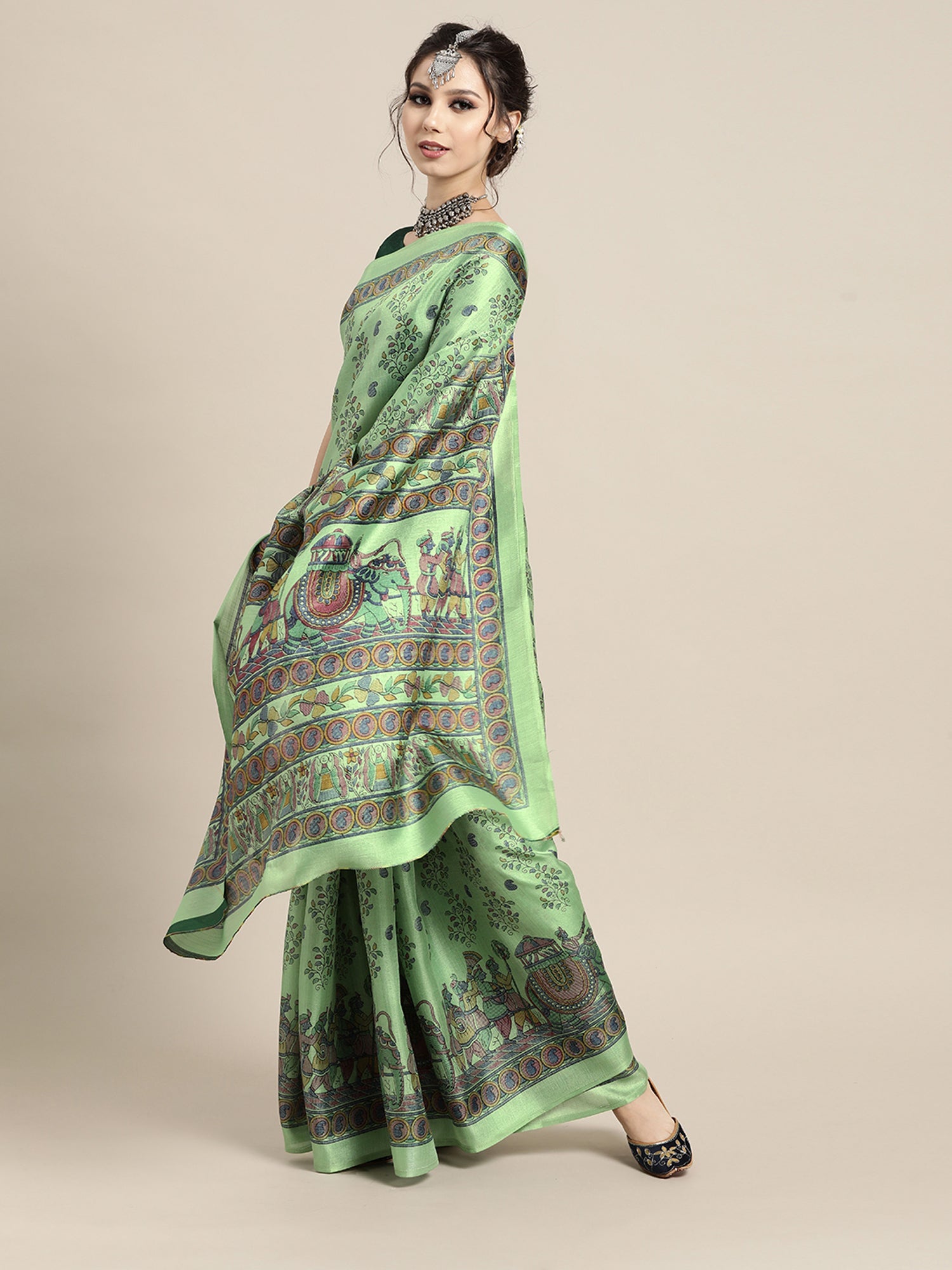 Mint Green Tussar Silk Saree with Madhubani Butis - Ressa
