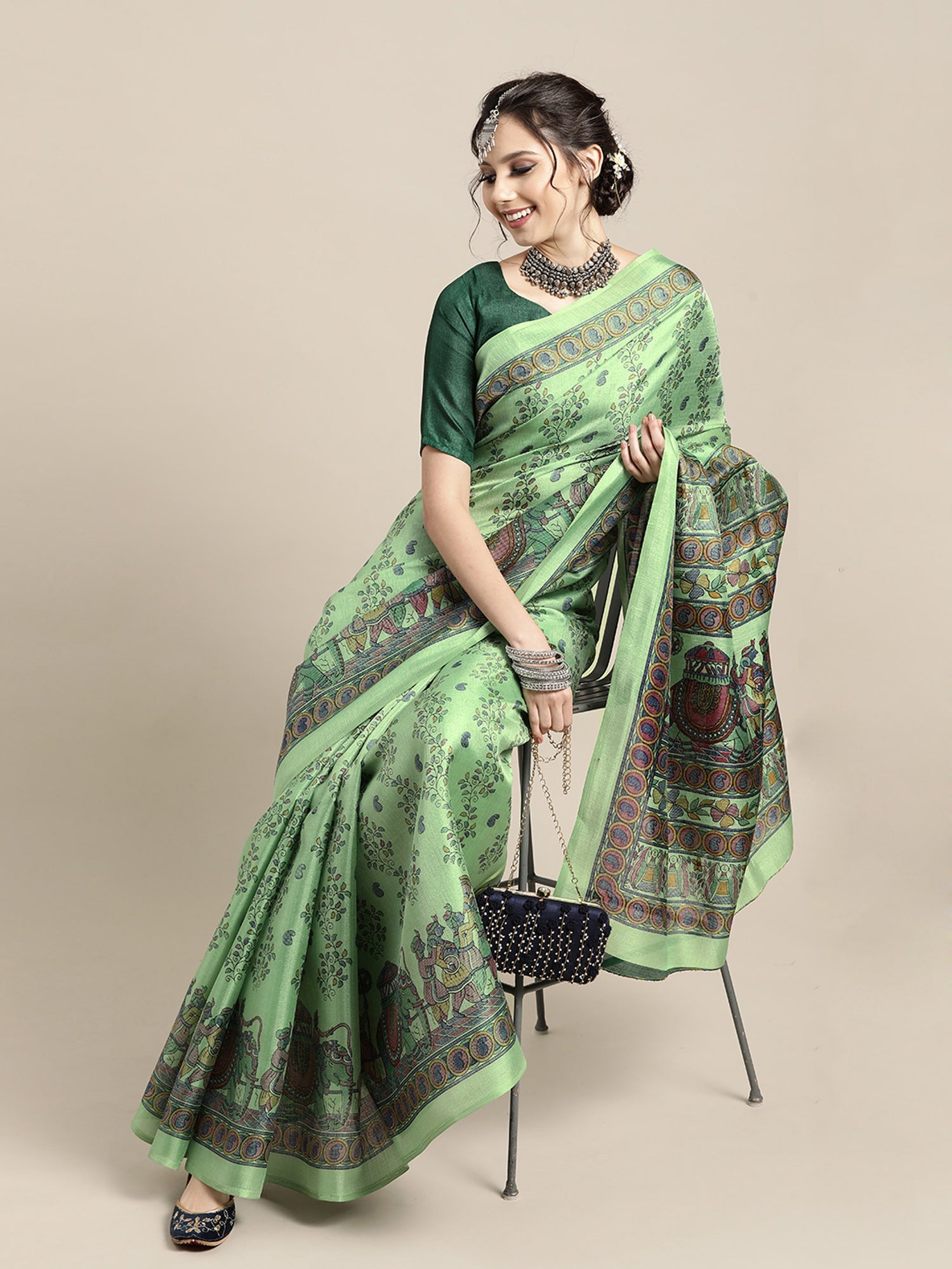 Mint Green Tussar Silk Saree with Madhubani Butis - Ressa