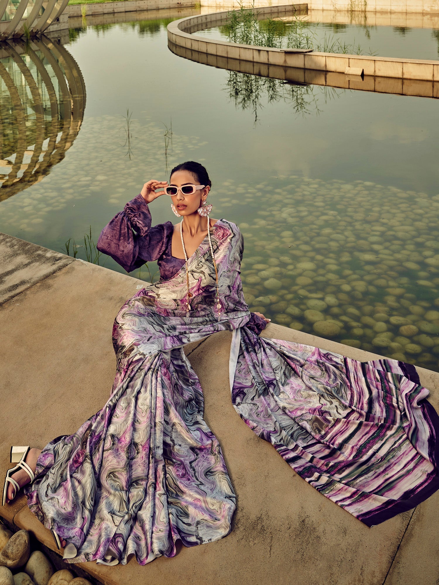Modern Marble Print Silk Blend Saree - Ressa