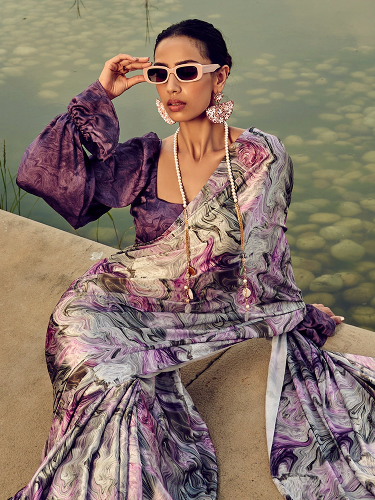 Modern Marble Print Silk Blend Saree - Ressa