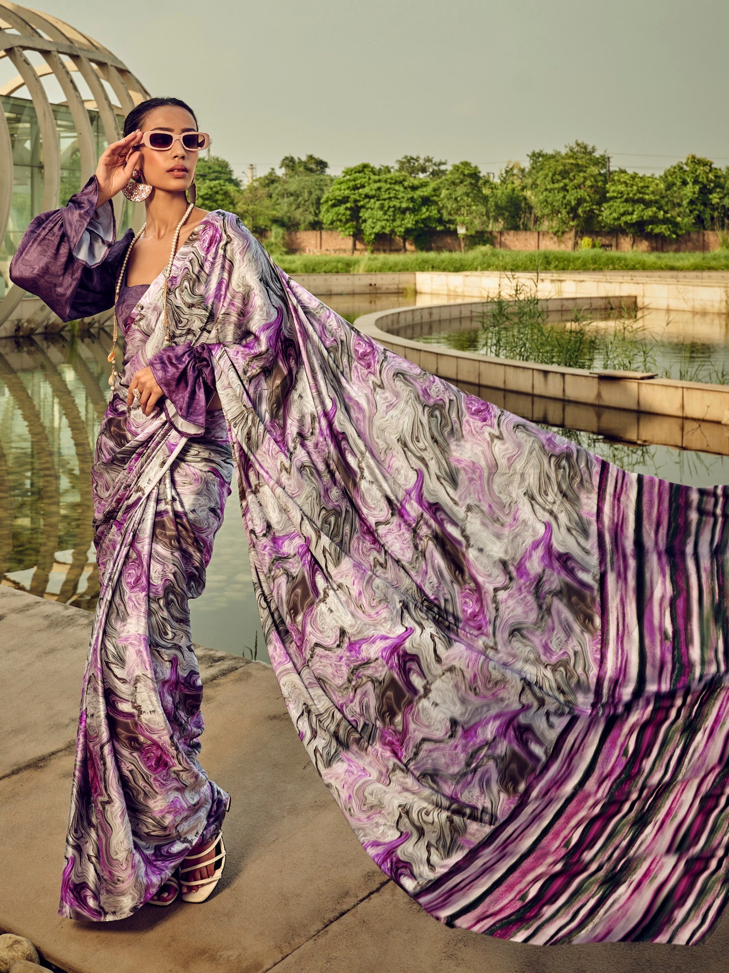 Modern Marble Print Silk Blend Saree - Ressa
