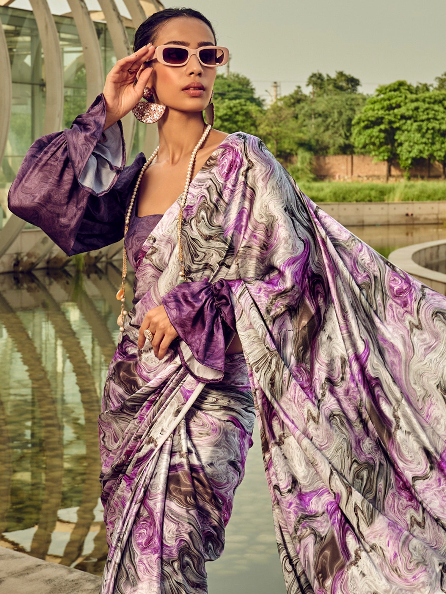 Modern Marble Print Silk Blend Saree - Ressa