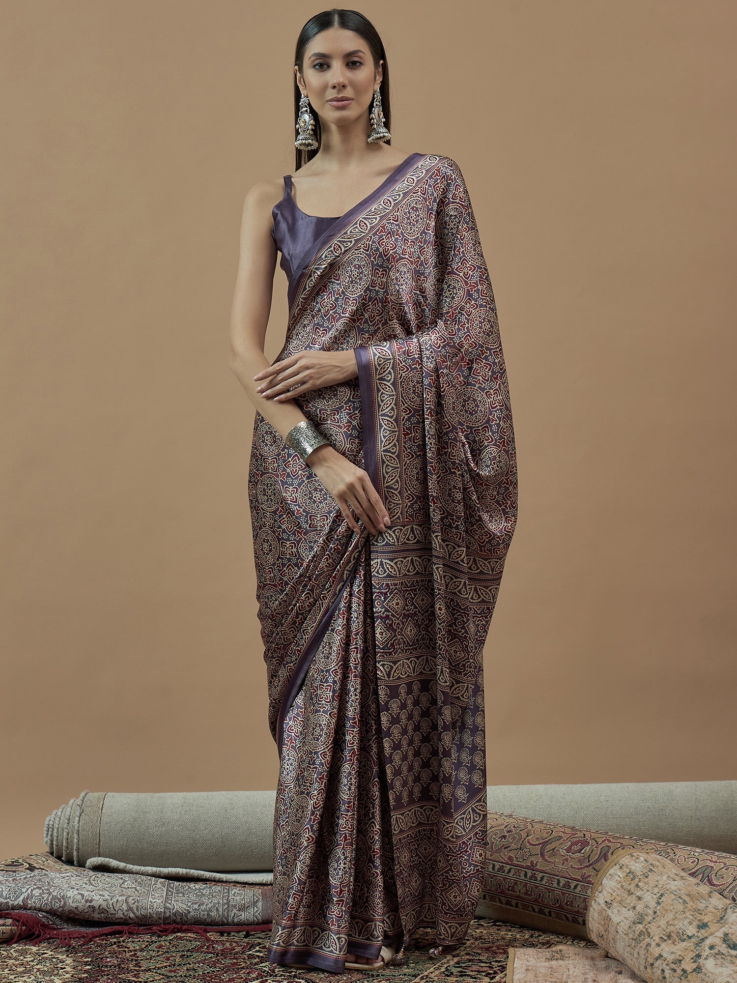 Crepe Dusty Purple Ajrakh Printed Saree - Ressa
