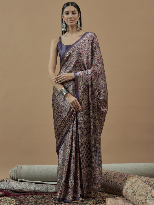 Crepe Dusty Purple Ajrakh Printed Saree - Ressa