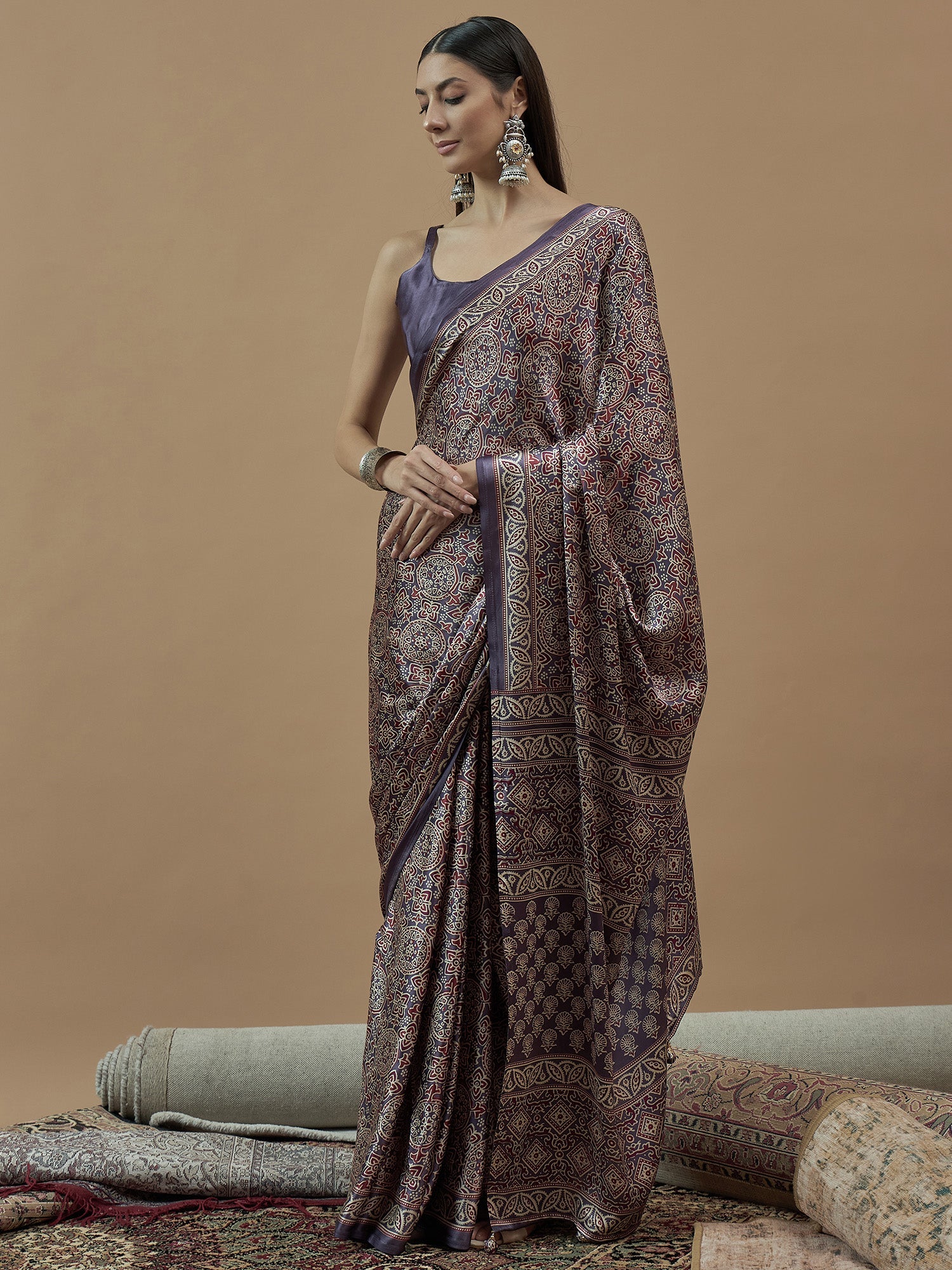 Crepe Dusty Purple Ajrakh Printed Saree - Ressa