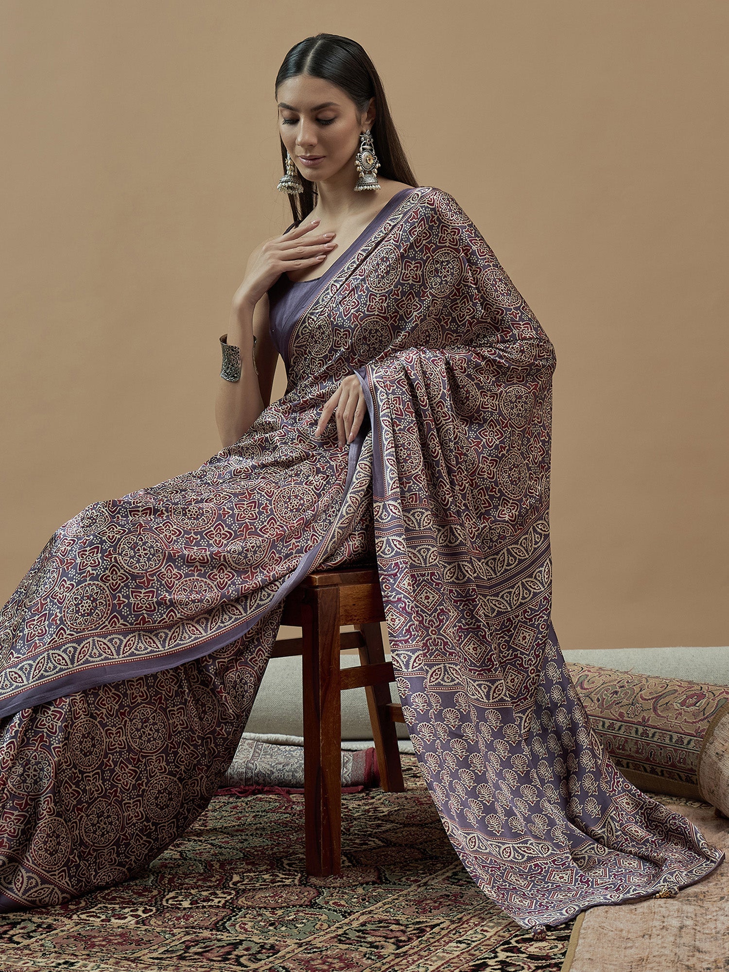Crepe Dusty Purple Ajrakh Printed Saree - Ressa