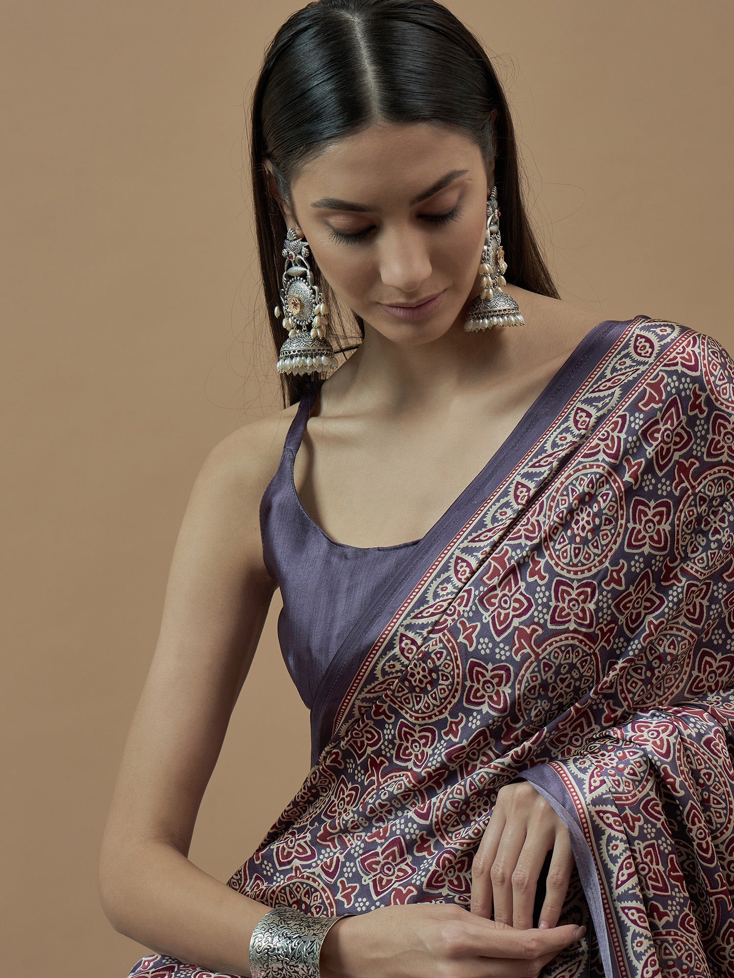 Crepe Dusty Purple Ajrakh Printed Saree - Ressa