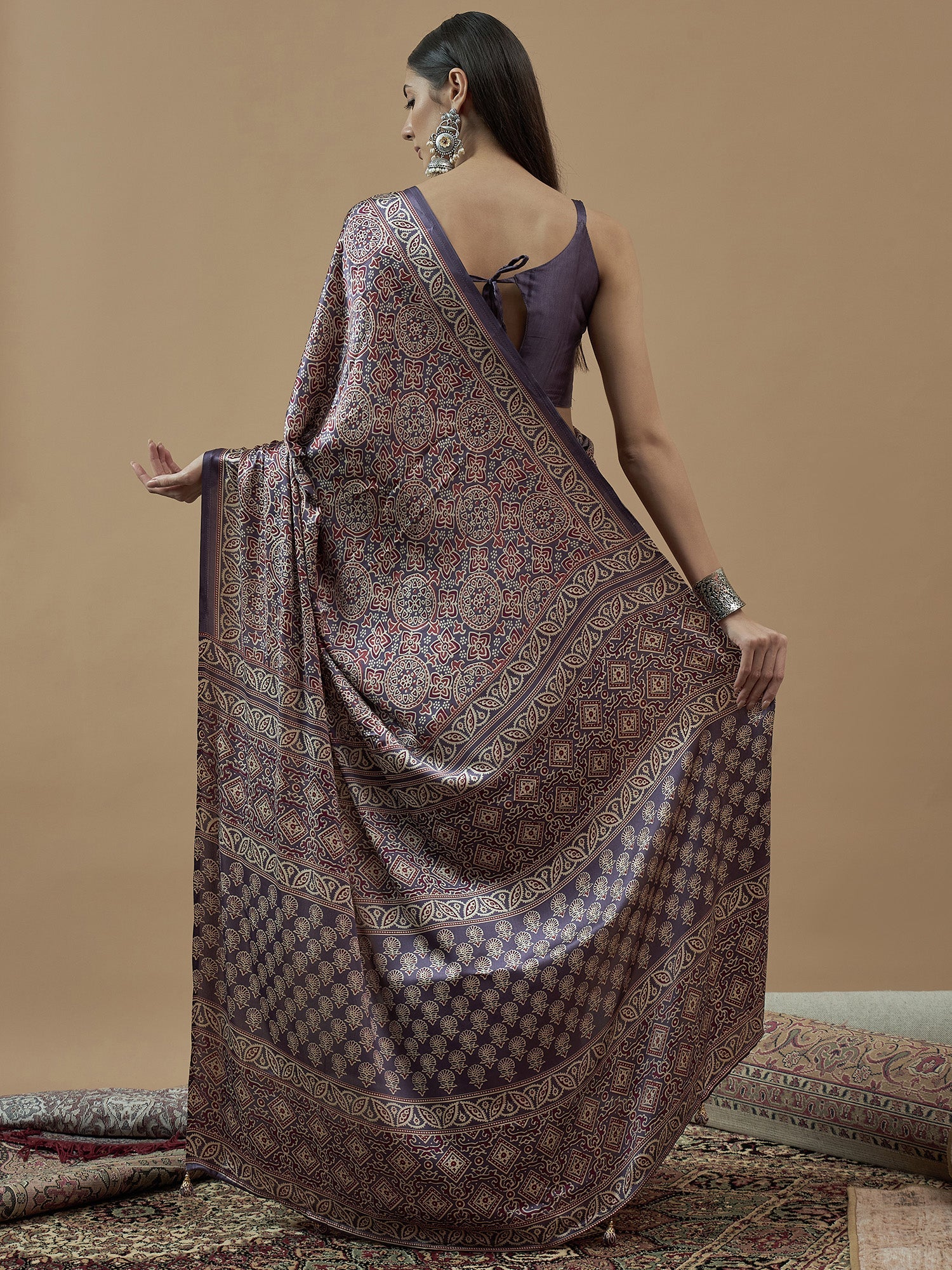 Crepe Dusty Purple Ajrakh Printed Saree - Ressa