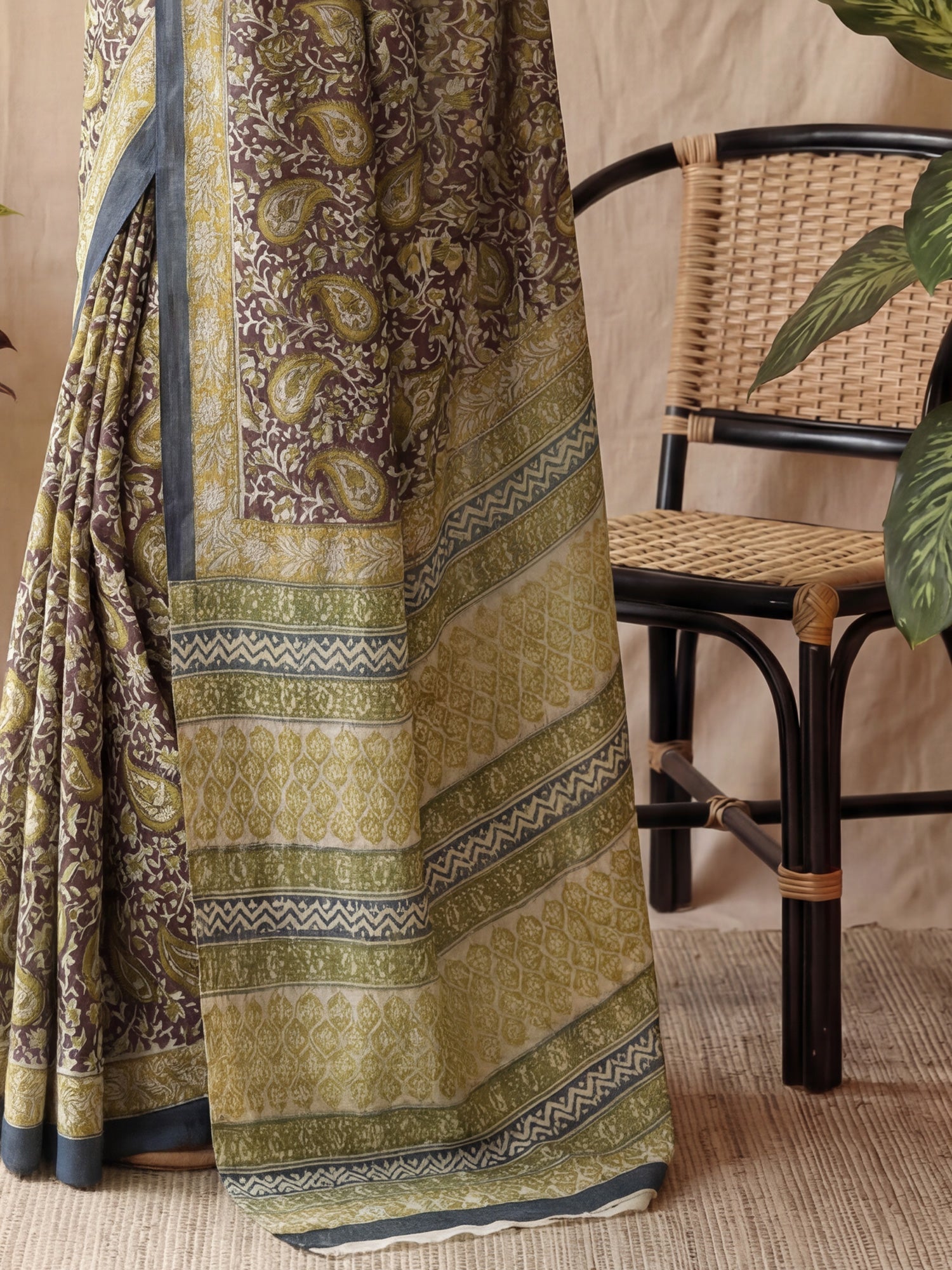 Mulmul Cotton :Ajrakh Block Print Saree - Ressa