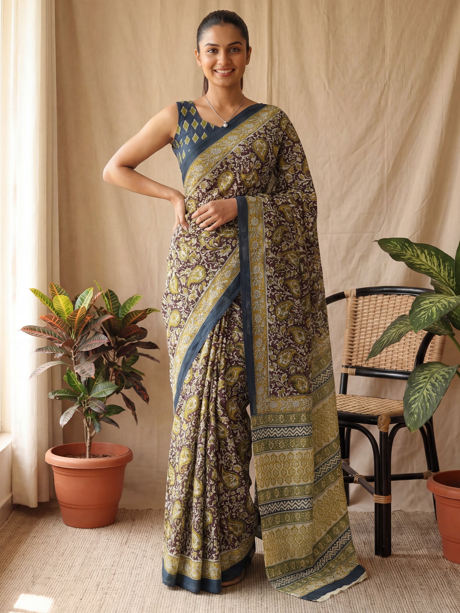 Mulmul Cotton :Ajrakh Block Print Saree - Ressa