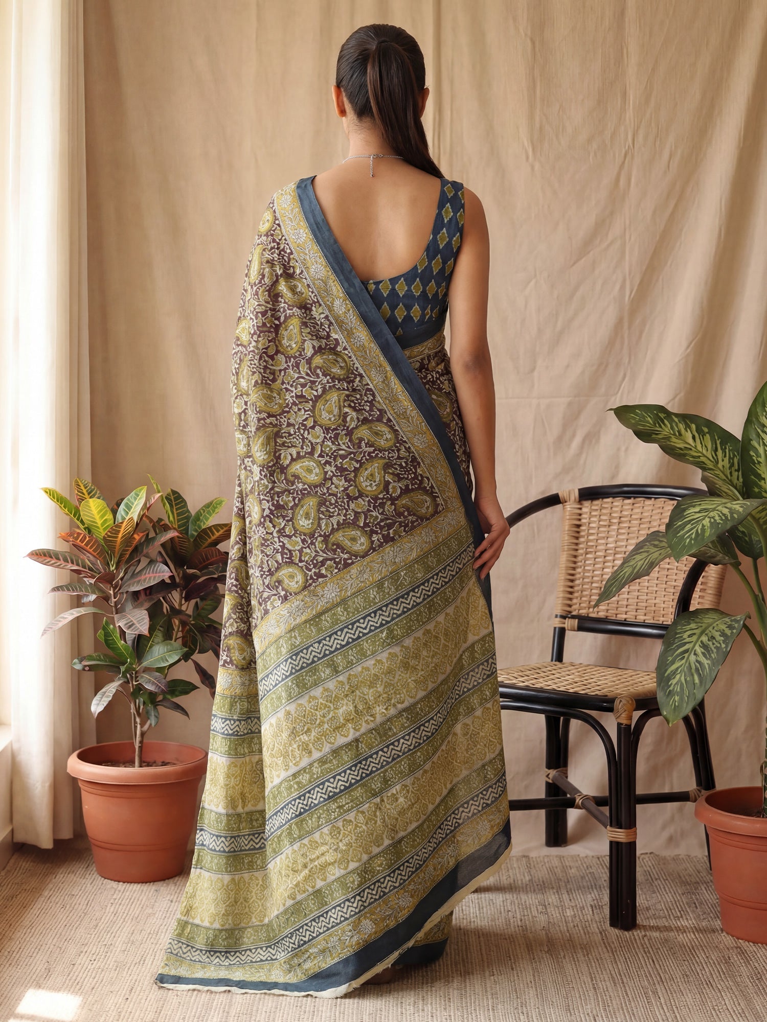 Mulmul Cotton :Ajrakh Block Print Saree - Ressa