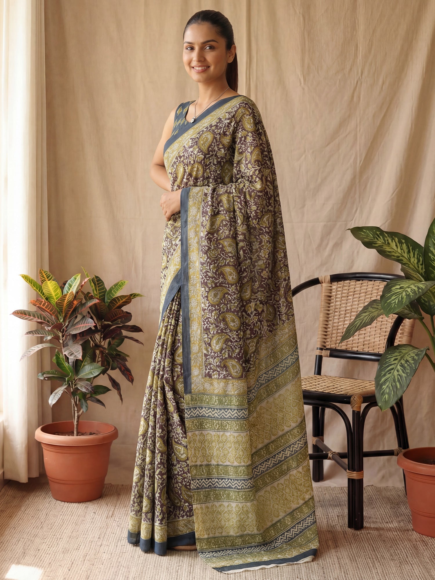 Mulmul Cotton :Ajrakh Block Print Saree - Ressa