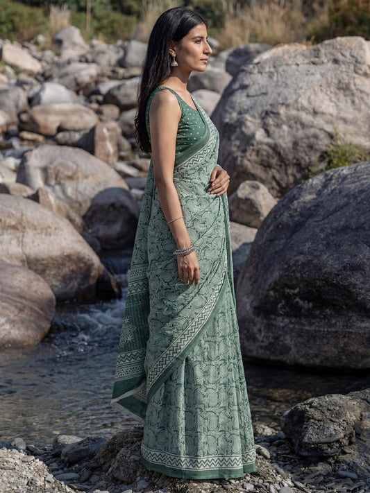 Mulmul Cotton : Block Print Saree - Ressa