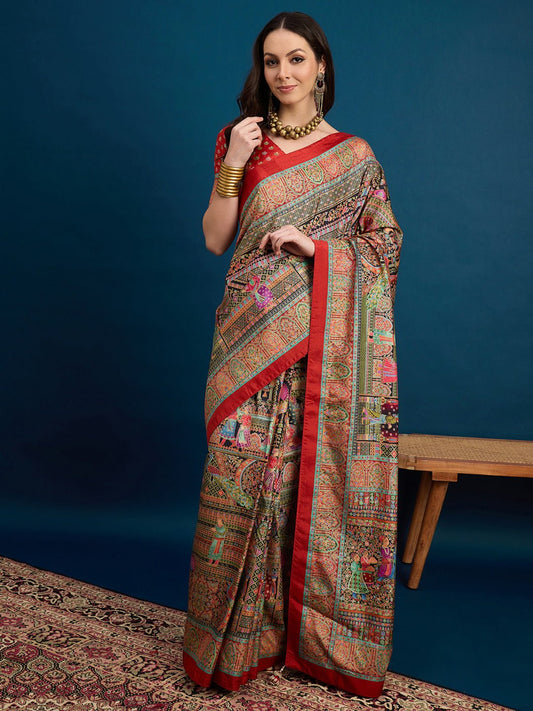 Multi-Color Silk Blend Heritage Kalamkari Style Saree - Ressa