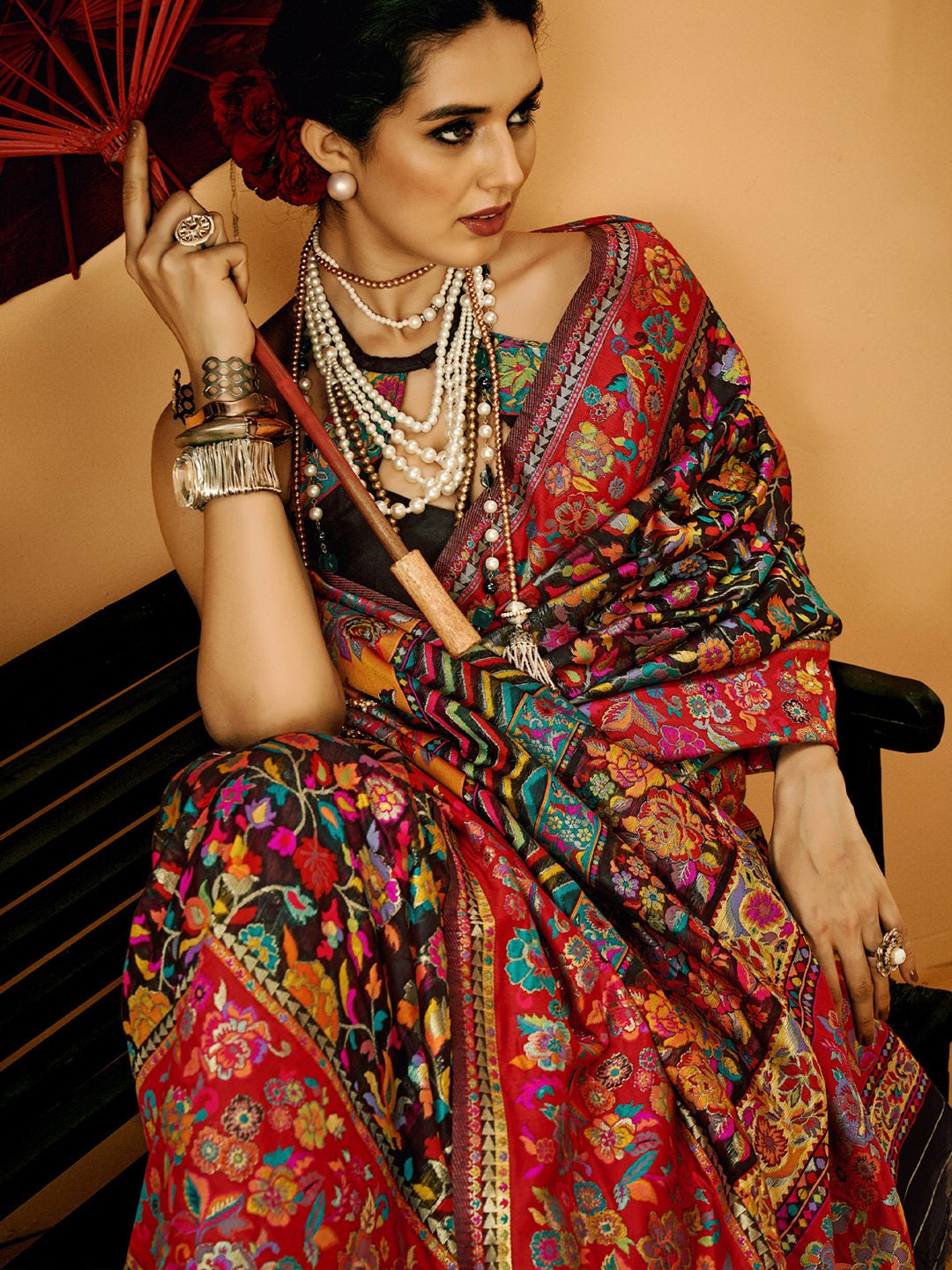Multi-coloured Heritage Motif Silk Blend Saree - Ressa