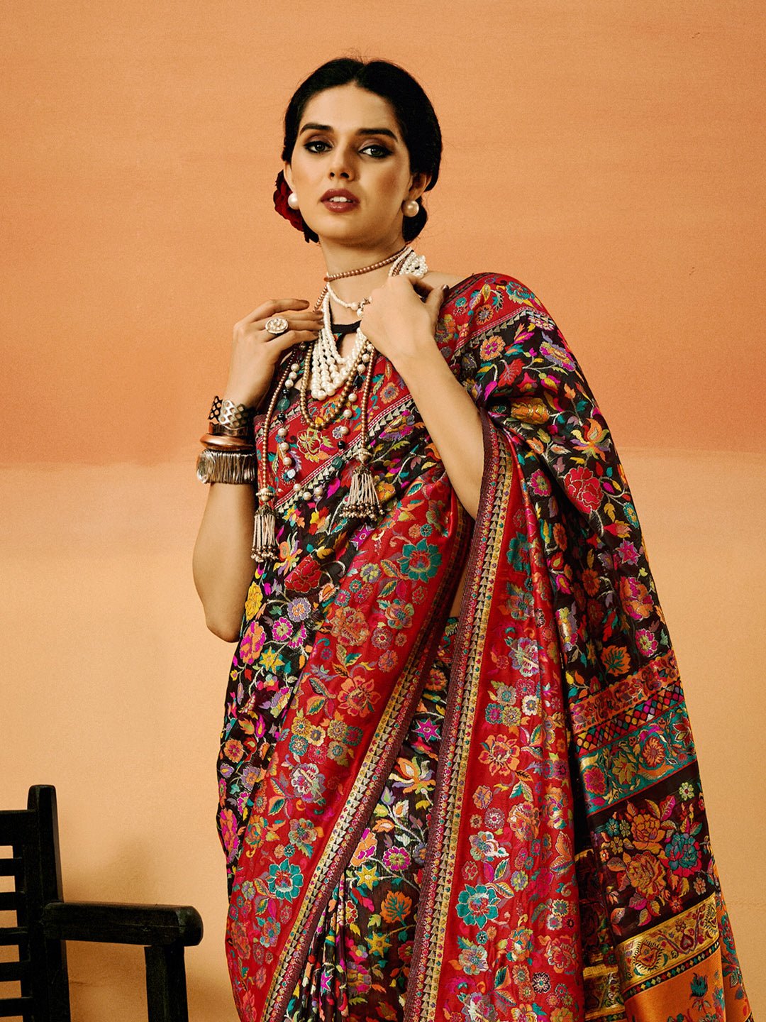 Multi-coloured Heritage Motif Silk Blend Saree - Ressa