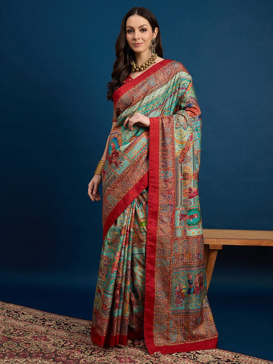 Multicolor Banarasi Silk Blend Pichwai-Inspired Weaving Zari Border Blouse Saree - Ressa