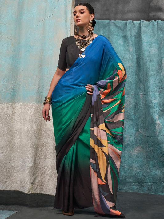 Multicolor Ombre Satin Silk Modern Abstract Print Saree - Ressa