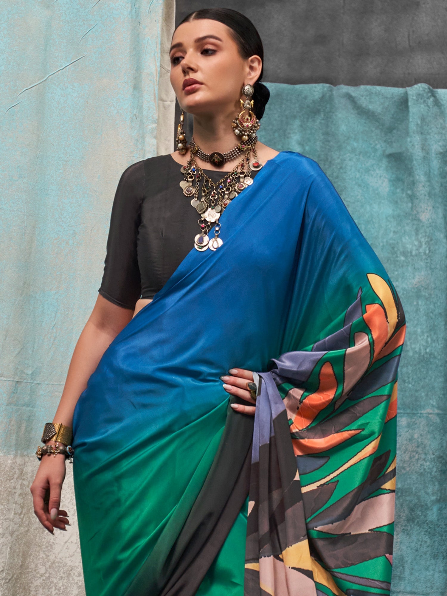 Multicolor Ombre Satin Silk Modern Abstract Print Saree - Ressa