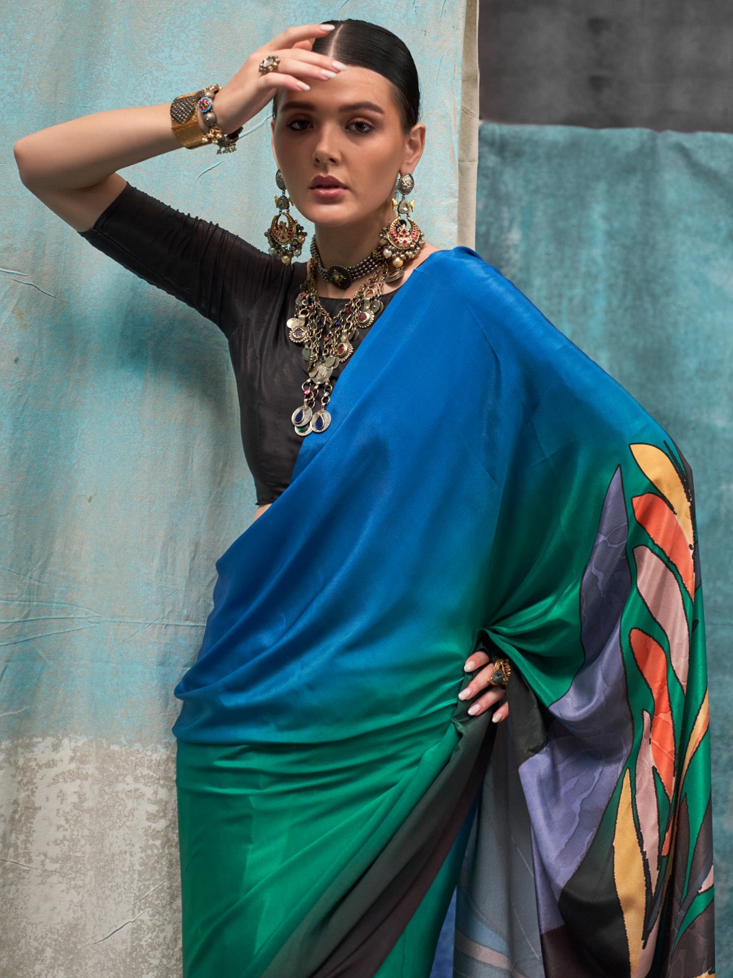 Multicolor Ombre Satin Silk Modern Abstract Print Saree - Ressa