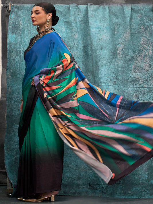Multicolor Ombre Satin Silk Modern Abstract Print Saree - Ressa