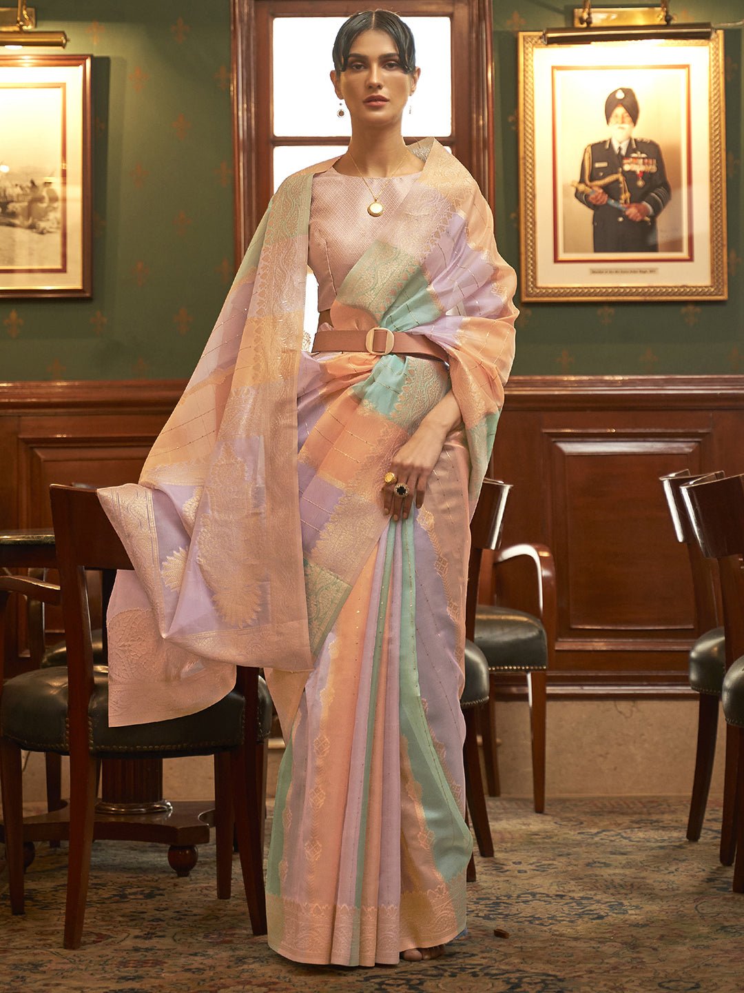 Multicolor Pastel Banarasi Silk Blend Golden Zari Floral Weaving Traditional Border : Blouse Saree - Ressa