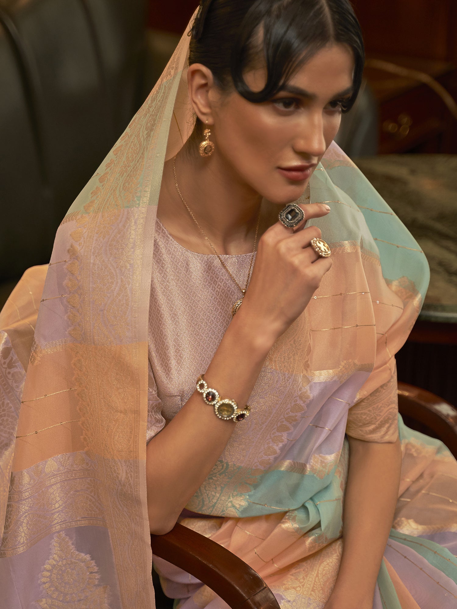 Multicolor Pastel Banarasi Silk Blend Golden Zari Floral Weaving Traditional Border : Blouse Saree - Ressa
