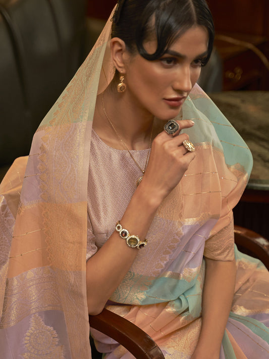 Multicolor Pastel Banarasi Silk Blend Golden Zari Floral Weaving Traditional Border : Blouse Saree - Ressa