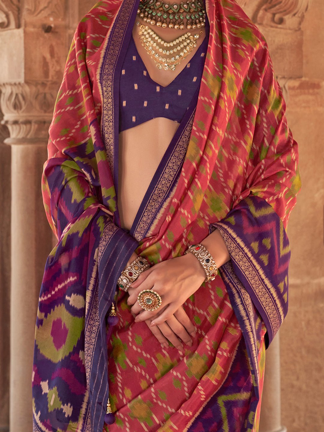 Multicolor Patola Silk Blend Woven Motifs Contrast Blouse Saree - Ressa