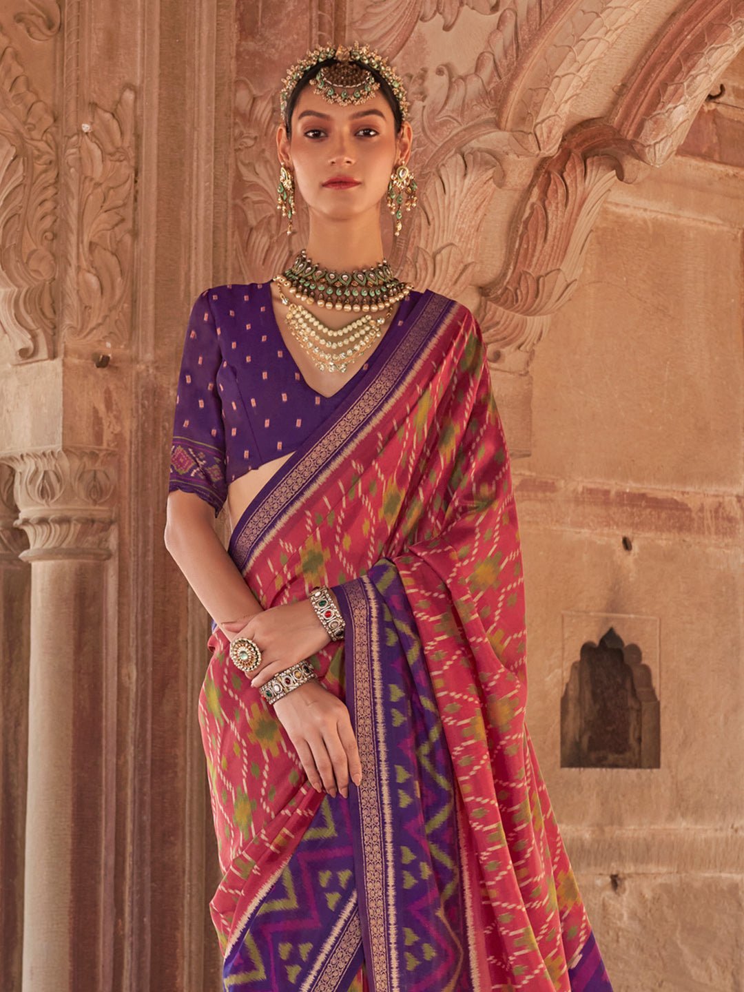 Multicolor Patola Silk Blend Woven Motifs Contrast Blouse Saree - Ressa