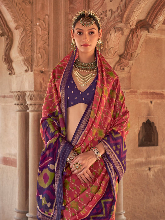 Multicolor Patola Silk Blend Woven Motifs Contrast Blouse Saree - Ressa