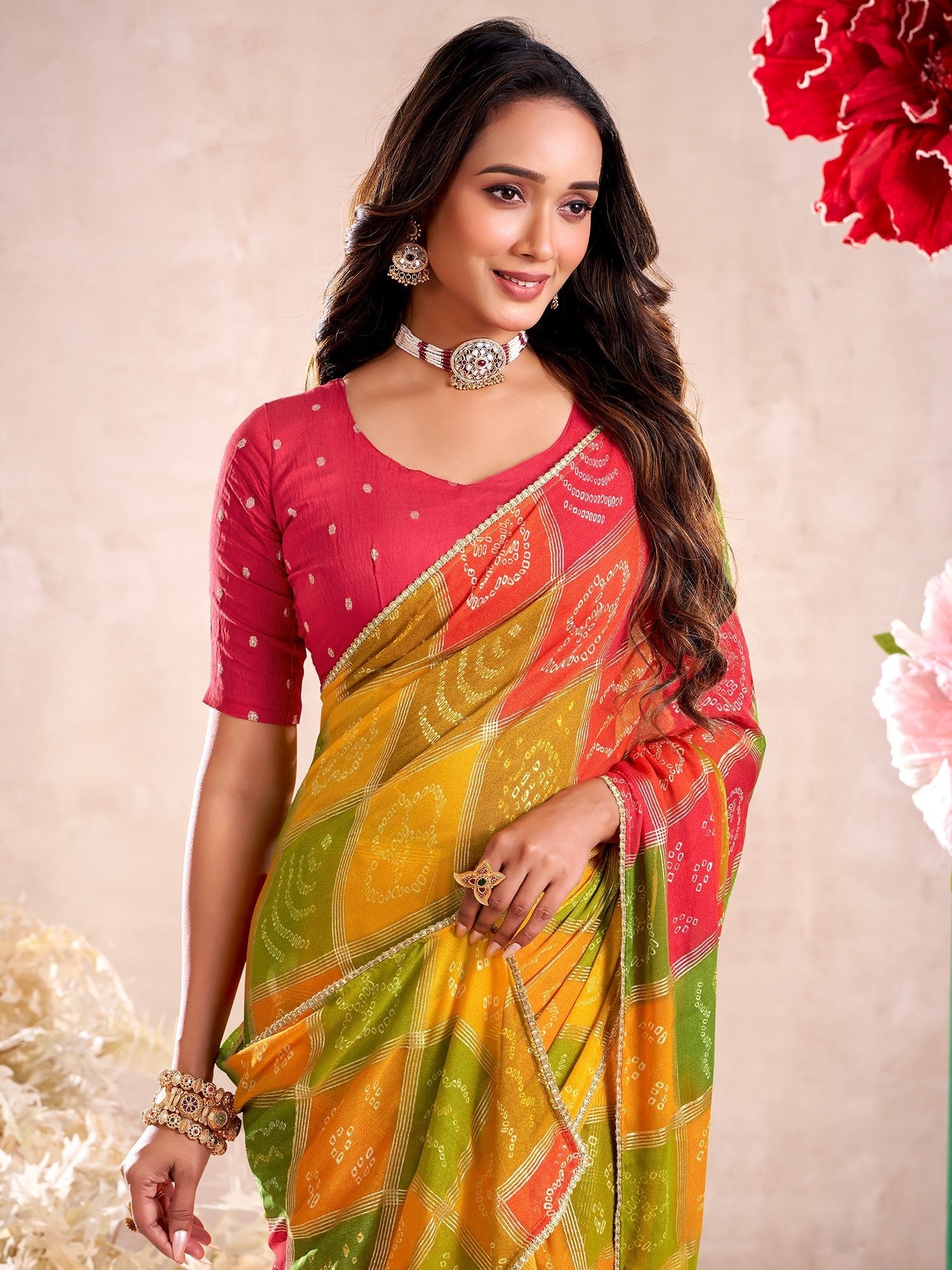 Multicolour Bandhani Print Georgette Saree with Embellished - Ressa