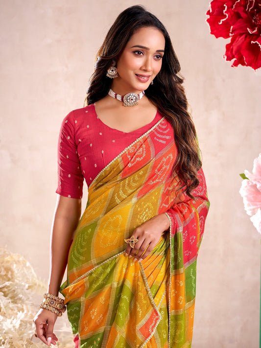 Multicolour Bandhani Print Georgette Saree with Embellished - Ressa