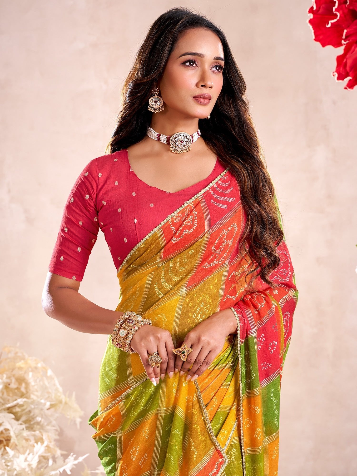 Multicolour Bandhani Print Georgette Saree with Embellished - Ressa