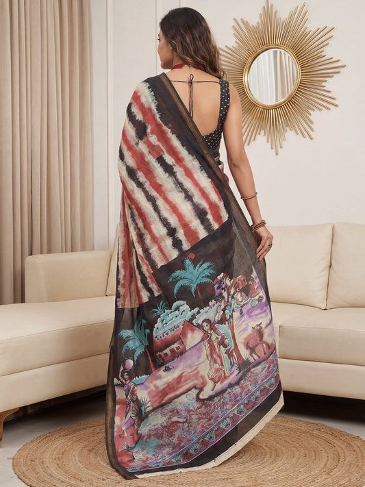 MULTICOLOUR TIE-DYE STRIPE SAREE - Ressa