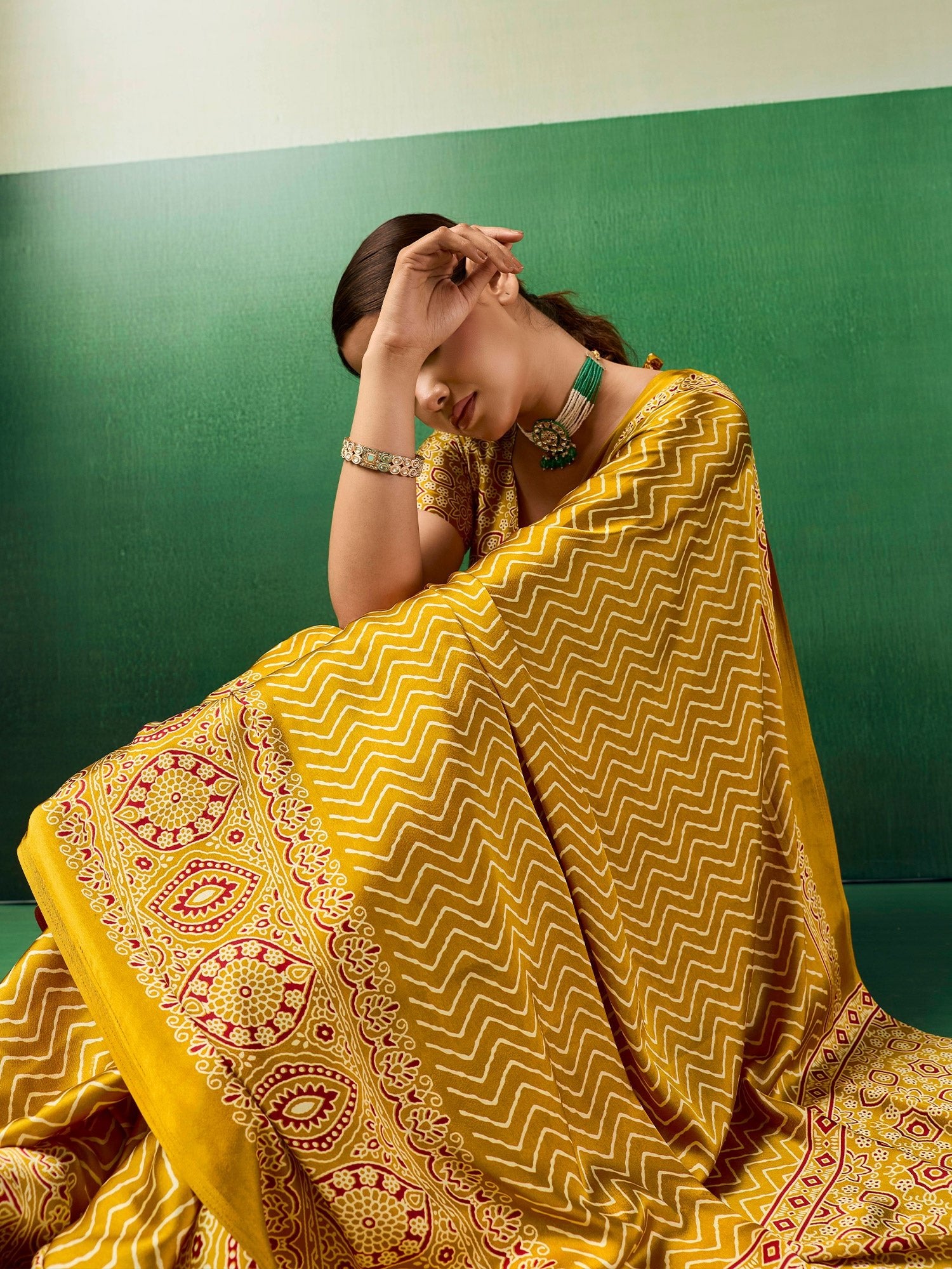 Mustard Ajrakh Block Print Saree - Ressa