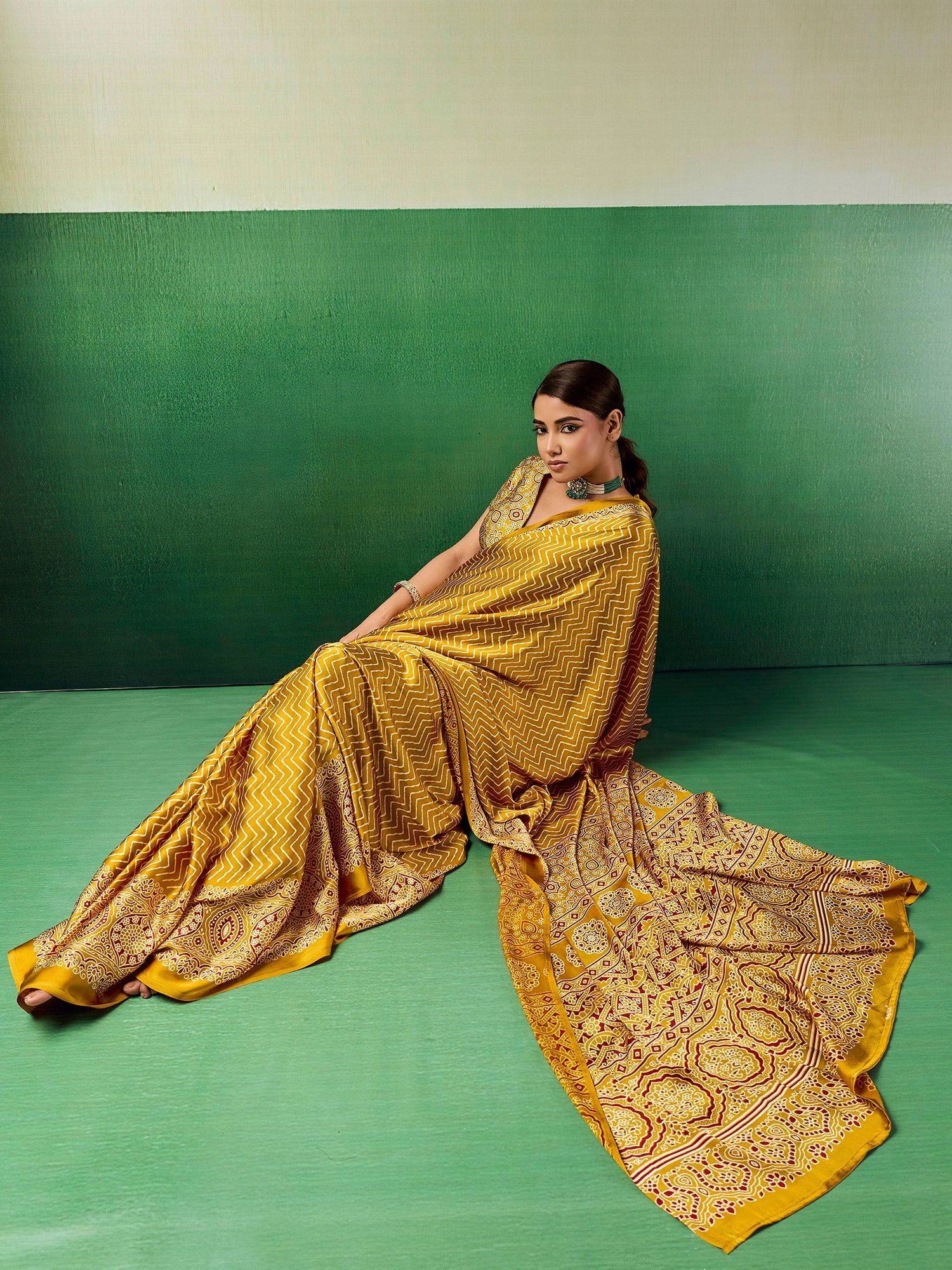 Mustard Ajrakh Block Print Saree - Ressa