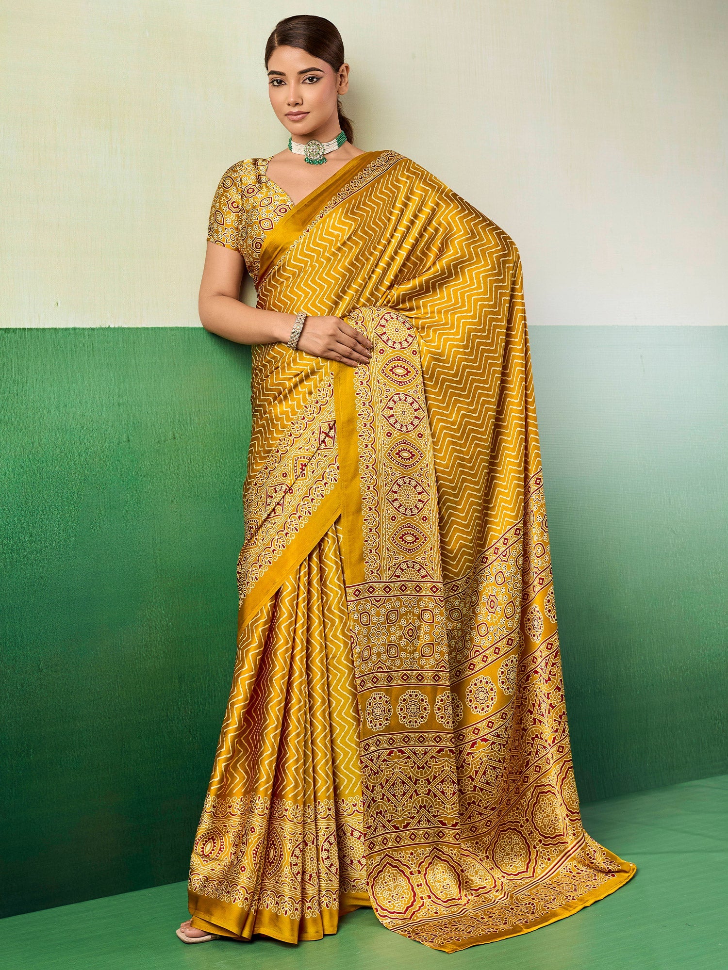 Mustard Ajrakh Block Print Saree - Ressa