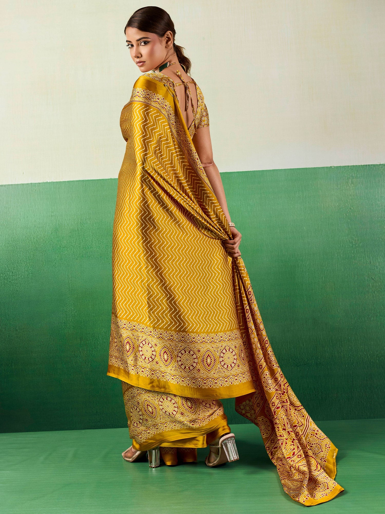 Mustard Ajrakh Block Print Saree - Ressa
