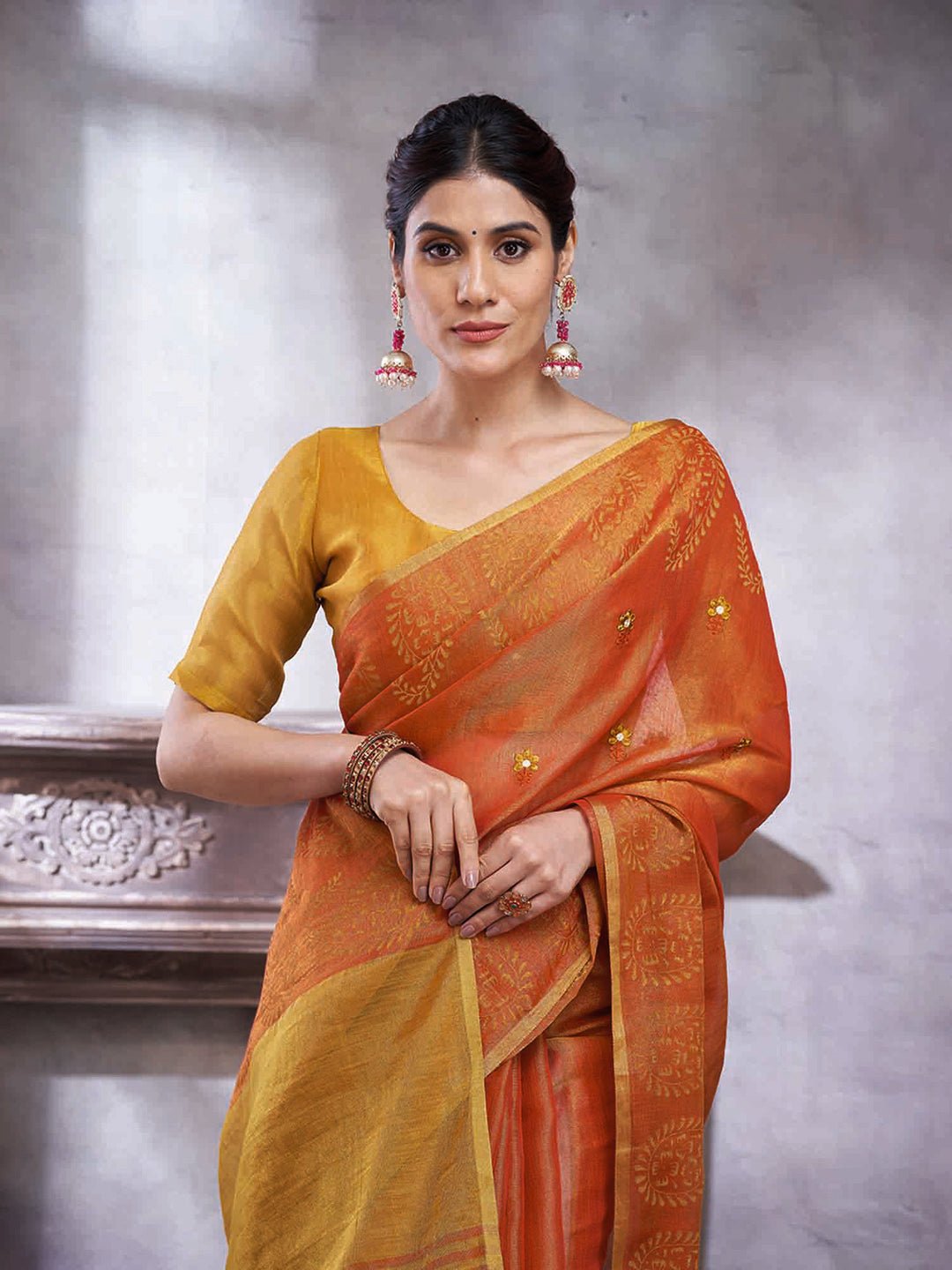 Mustard &amp; Orange Silk Blend Heritage Handloom Style Zari Woven Saree - Ressa