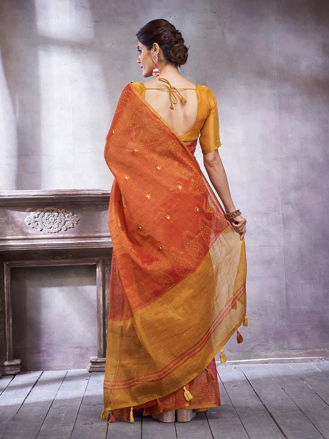 Mustard &amp; Orange Silk Blend Heritage Handloom Style Zari Woven Saree - Ressa