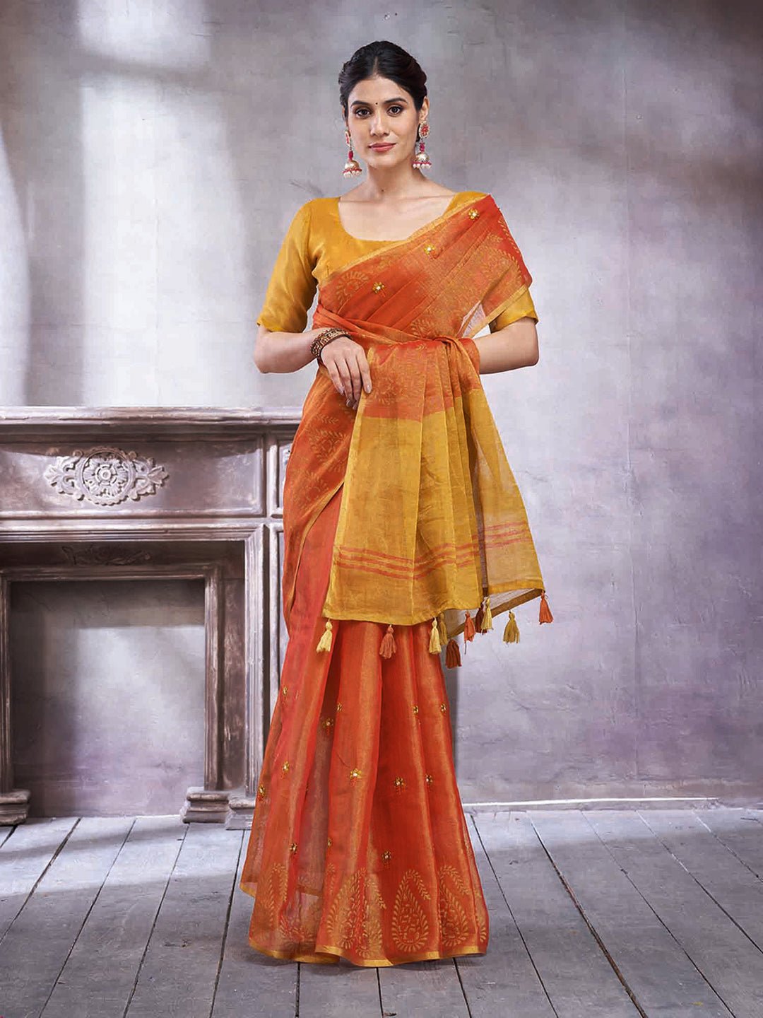 Mustard &amp; Orange Silk Blend Heritage Handloom Style Zari Woven Saree - Ressa