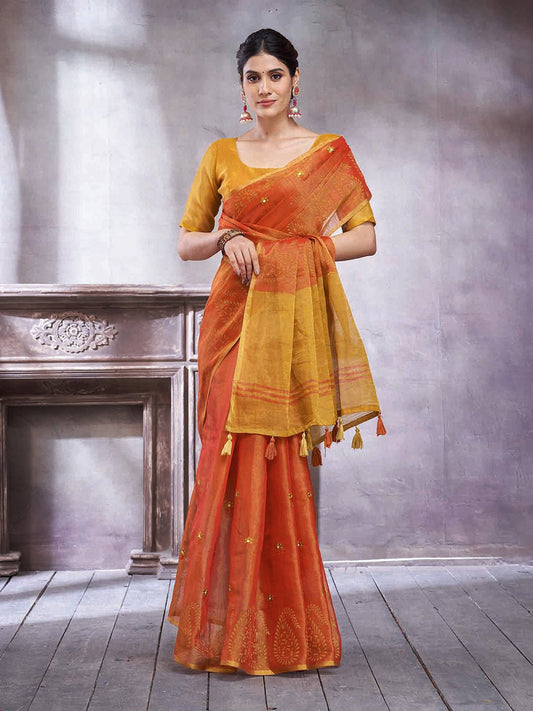 Mustard &amp; Orange Silk Blend Heritage Handloom Style Zari Woven Saree - Ressa