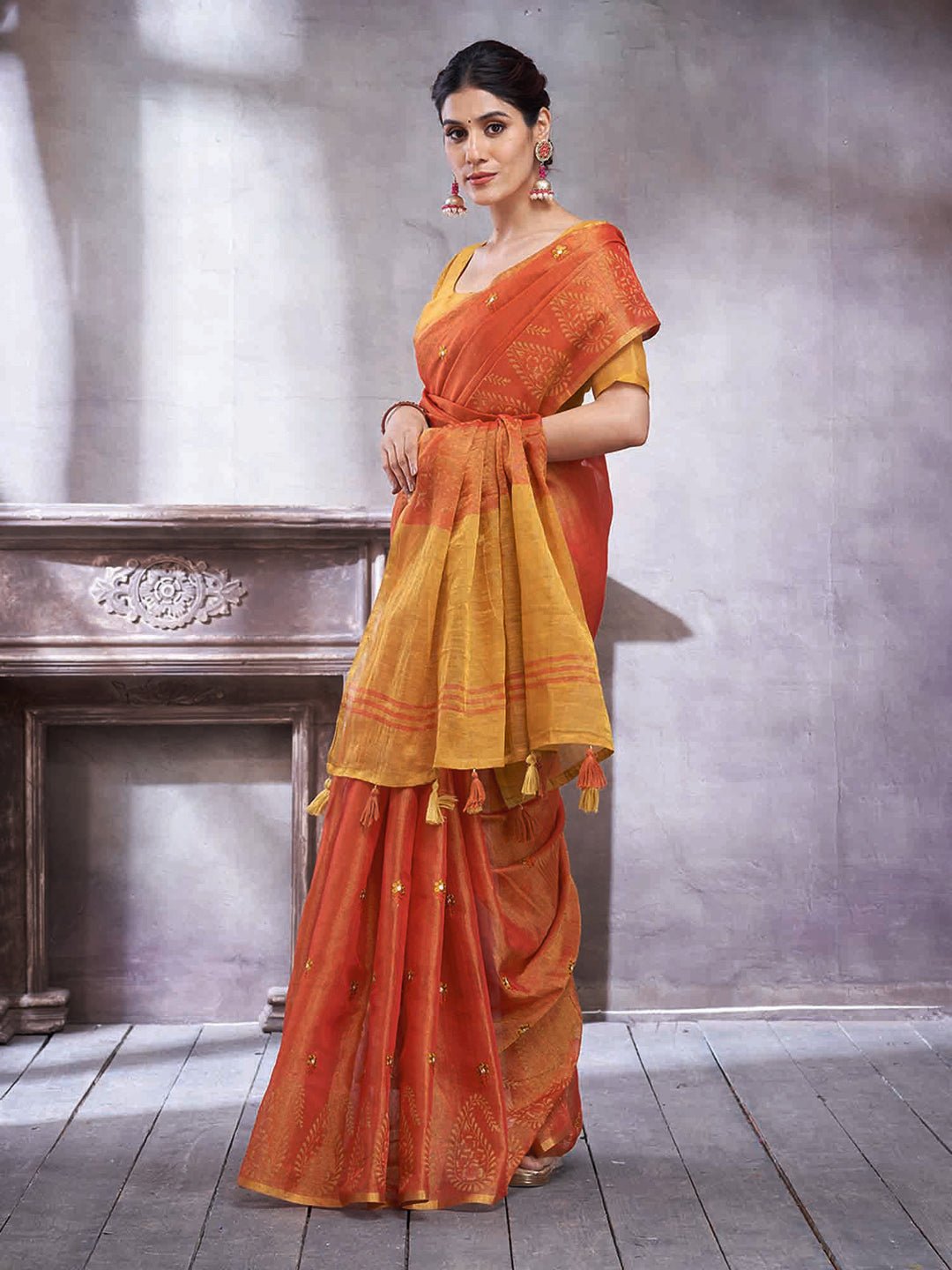 Mustard &amp; Orange Silk Blend Heritage Handloom Style Zari Woven Saree - Ressa