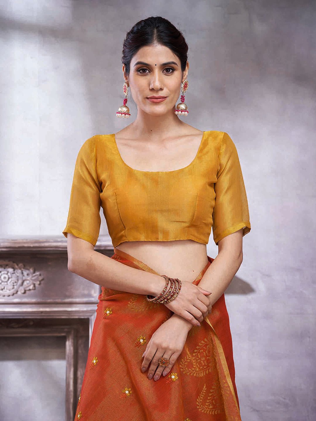 Mustard &amp; Orange Silk Blend Heritage Handloom Style Zari Woven Saree - Ressa