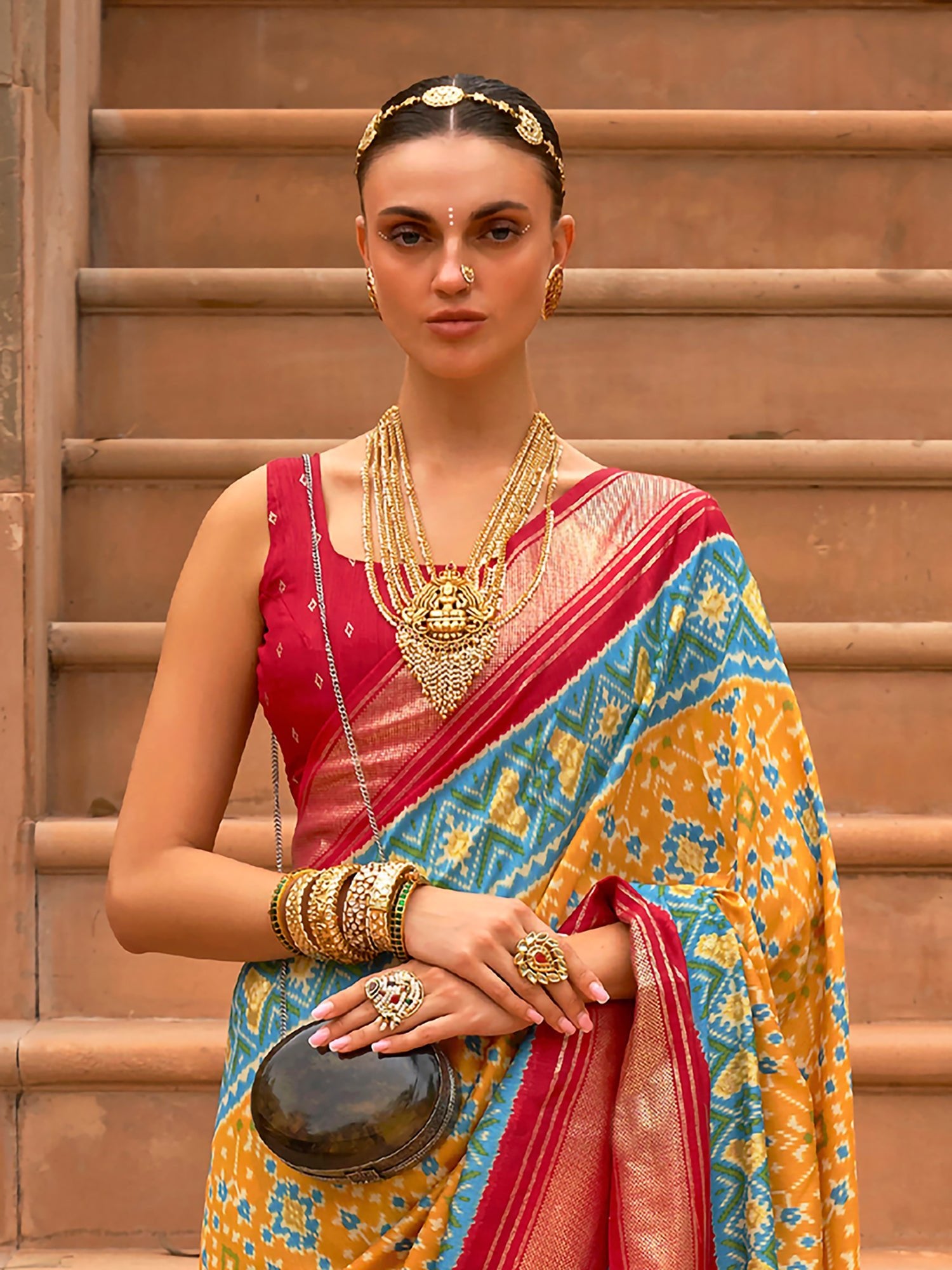 Mustard and Red Silk Blend saree - Ressa