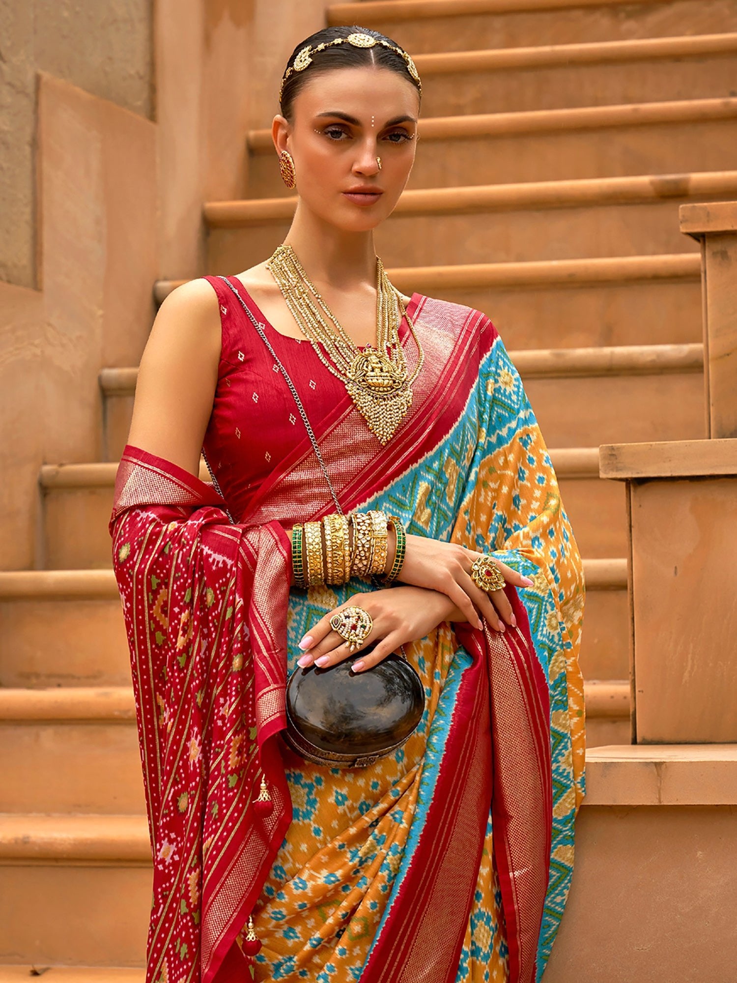 Mustard and Red Silk Blend saree - Ressa