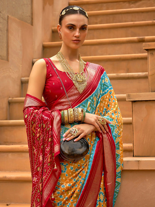 Mustard and Red Silk Blend saree - Ressa