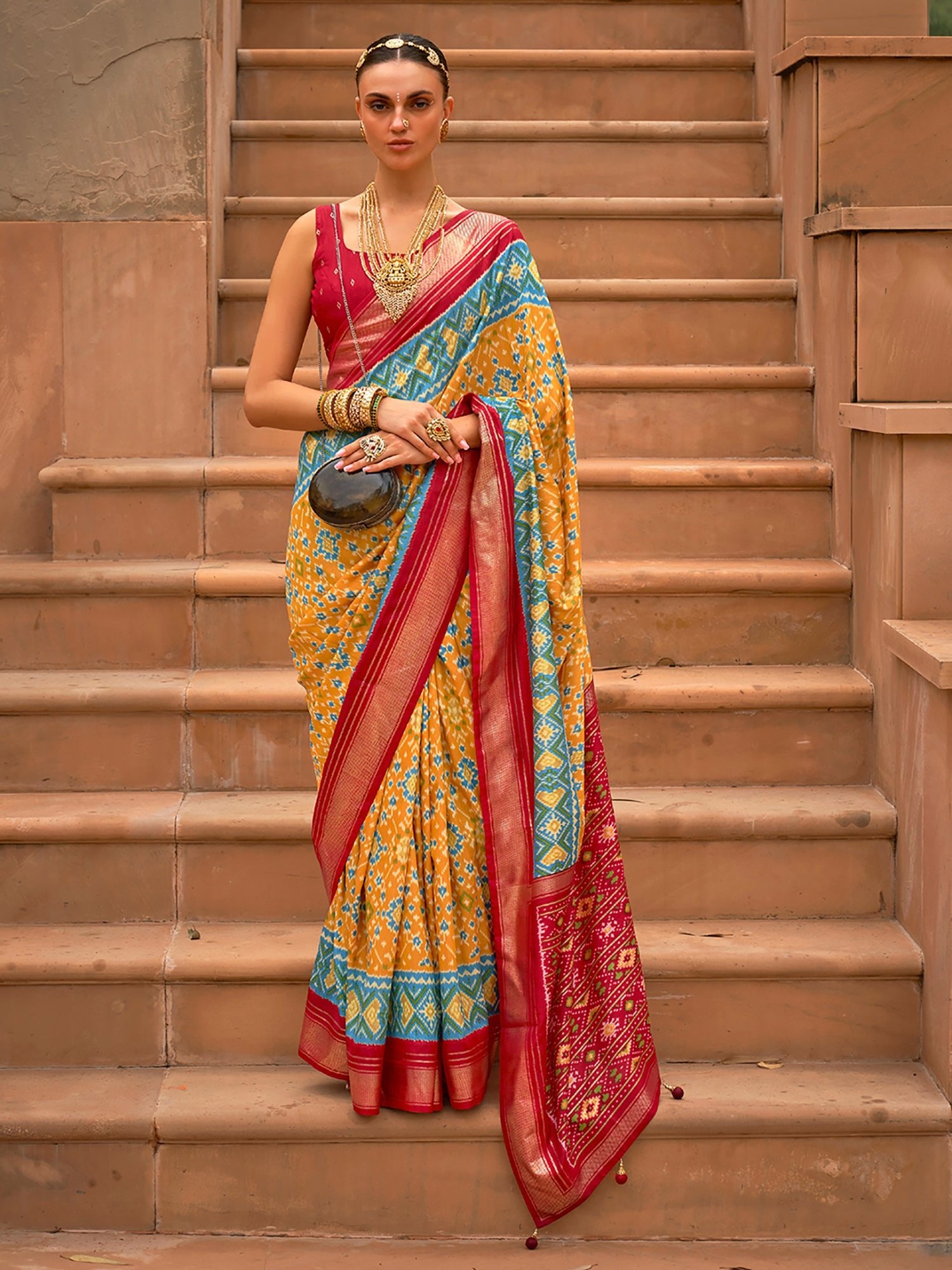 Mustard and Red Silk Blend saree - Ressa